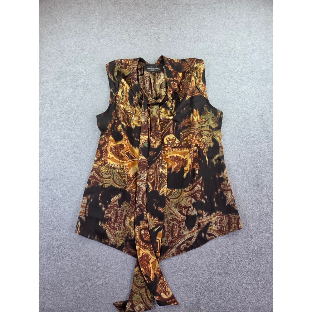 Jones New York Petite 6P Blouse Top Brown Gold Baroque Print Tie Neck Sleeveless